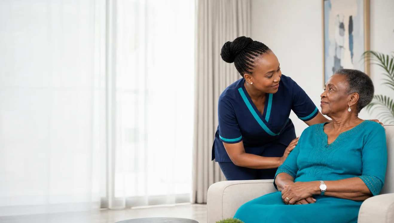 Homecare support for an older woman in a comfortable home setting